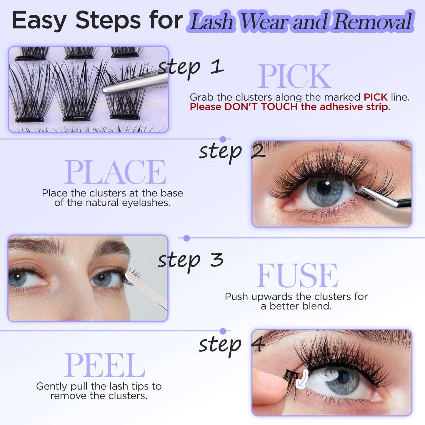 BEYELIAN Self Adhesive Lashes, D+ Curl Press On Eyelashes, No Glue No Remover Needed, Pre Glued Lash Extension with Tweezer Self Stick Easy to Apply at Home 100 pcs (Y01,10-16mm)