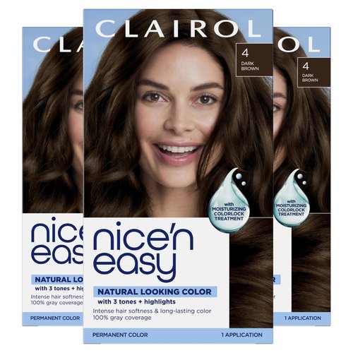 Clairol Nice'n Easy Permanent Hair Dye, 4 Dark Brown Hair Color, Pack of 3