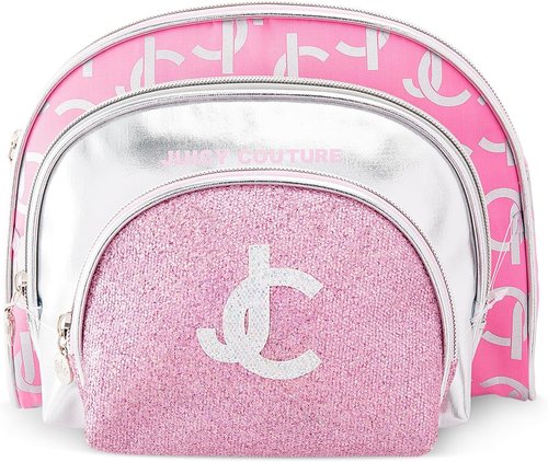 Juicy Couture Makeup Bag Set - Silver Pink Glitter Organizer for Travel Essentials | 3-Piece Clutch