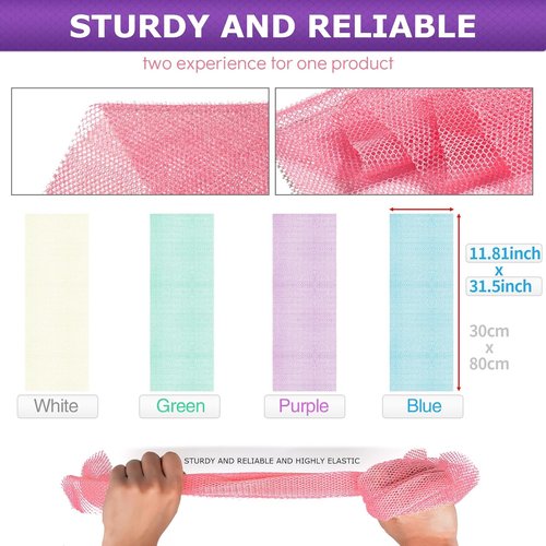 African Bath Sponge | 4-Piece Exfoliating Net Bath Sponge Set for Silky Smooth Skin - Blue, Green, Purple, White