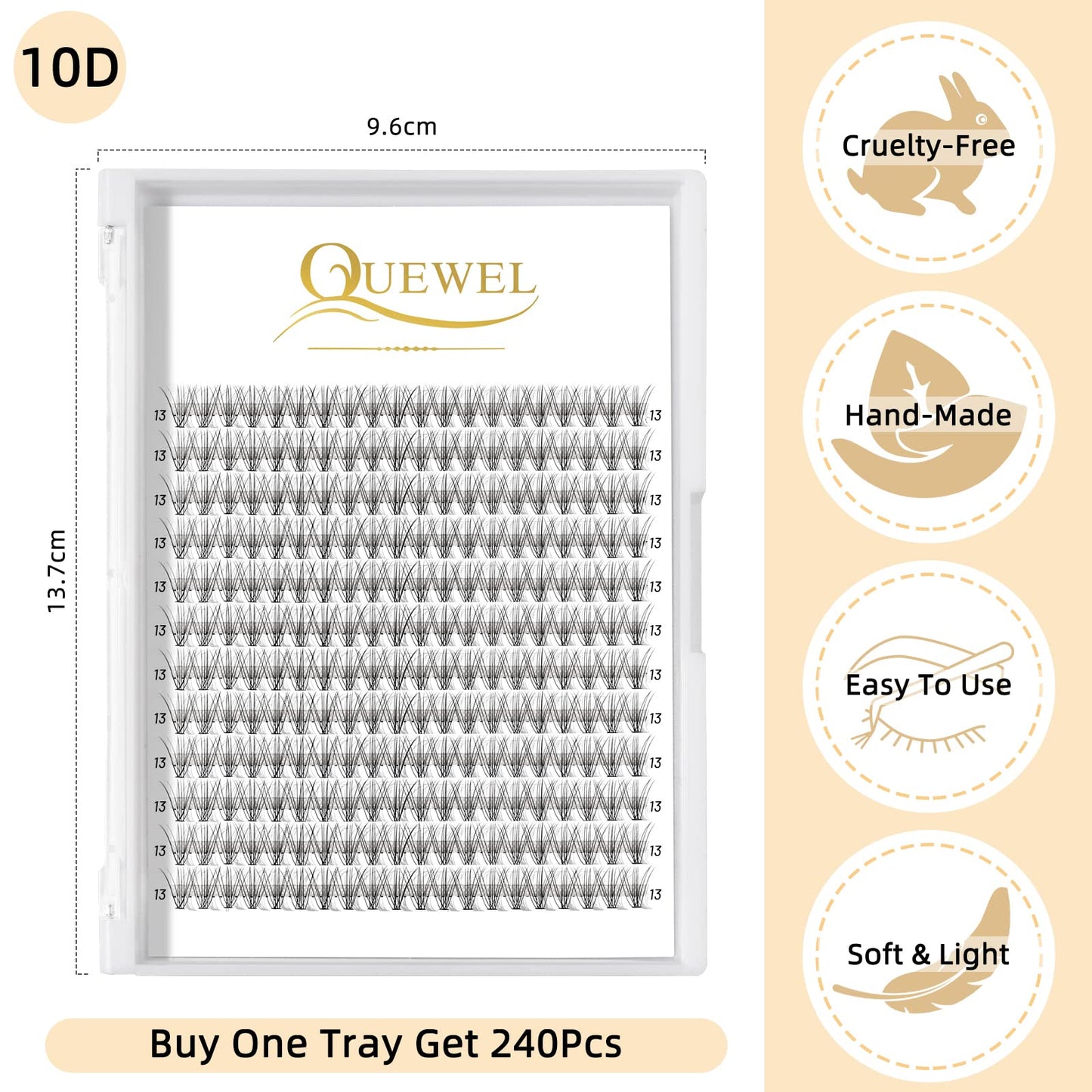 QUEWEL Cluster Lashes 240Pcs Individual Lashes 10D 0.10D Curl 13mm Knot-Free Lash Extensions Clusters Lashes Soft&Natural False Eyelashes Individual DIY Eyelash Extension at Home(10D 0.10D 13)