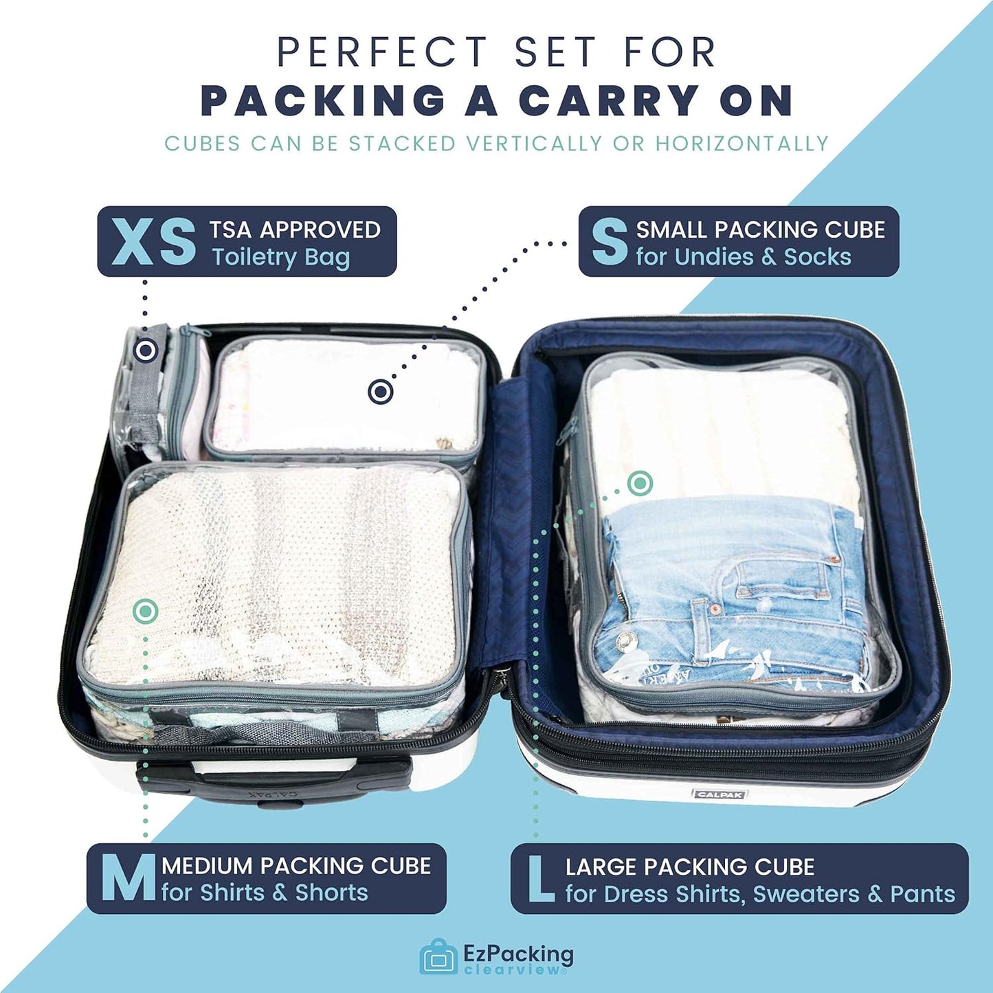 Skiennix Clear Packing Cubes - Set of 4 Premium PVC Storage Bags for 7-10 Days of Clothes