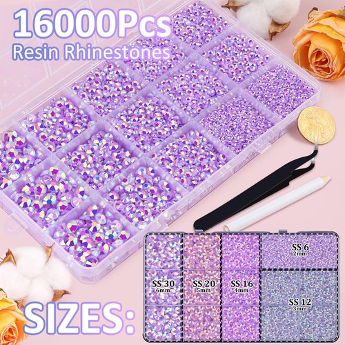 16000Pcs Resin Jelly Rhinestones with Tweezers for Crafting, Lavender Purple AB 2-6mm Mixed Sizes Flatback Gems, Bedazzling Crystal for DIY Crafts Clothing Tumblers Mugs Shoes Fabric Nail Art