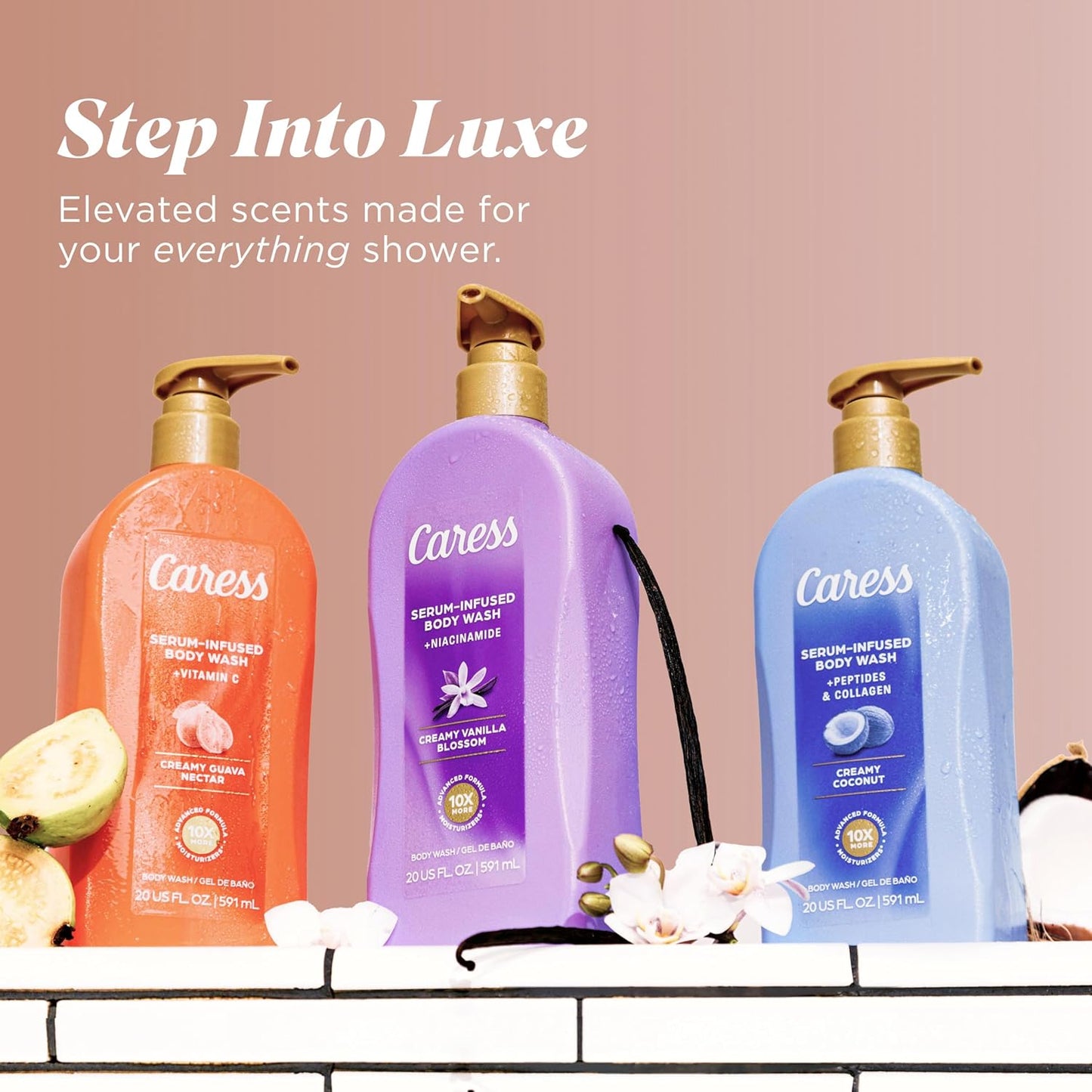 Caress Creamy Guava Nectar Body Wash - Serum-Infused, Vitamin C Formula, 20 fl oz | 4 Pack
