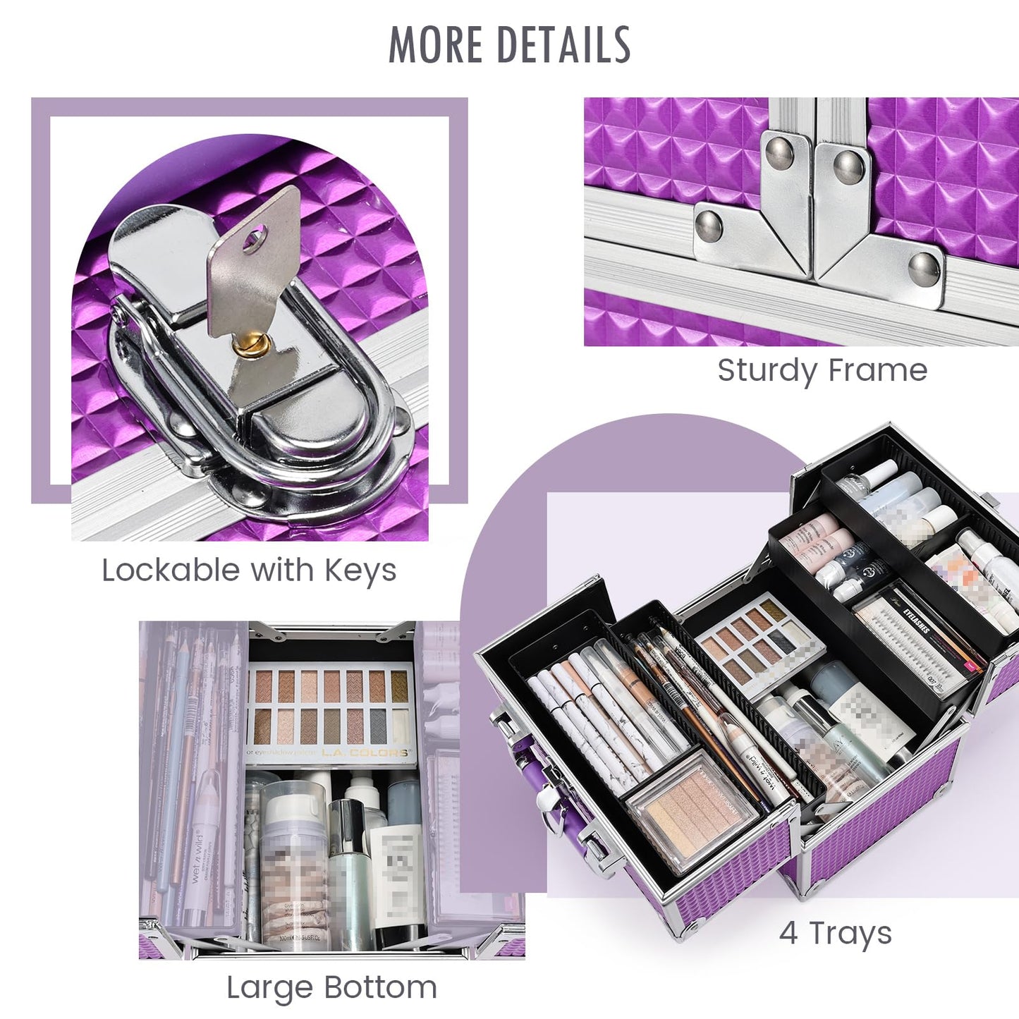 Frenessa Makeup Train Case Cosmetic Box Organizer Storage Portable 4 Trays Jewelry Storage Organizer with Lockable Dividers for Makeup Artist, Crafter, Makeup Tools Traveling Makeup Case Purple
