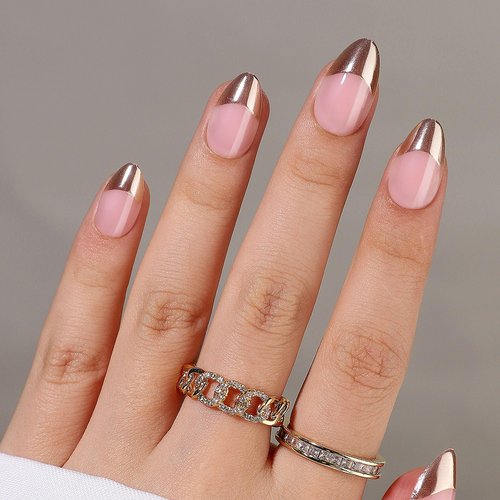 RTKHFZE Press On Nails Short - French Tip, Almond, Metallic Chrome Gold Finish, Reusable Stick On Nails in 16 Sizes - 32 Soft Gel False Nails Kit