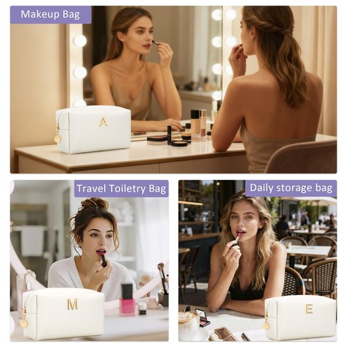 CLOUDWINGS Gifts for Women Bridesmaid Gifts Personalized Initial Makeup Bag PU Leather Cosmetic Waterproof Travel Toiletry Bag (Beige A)