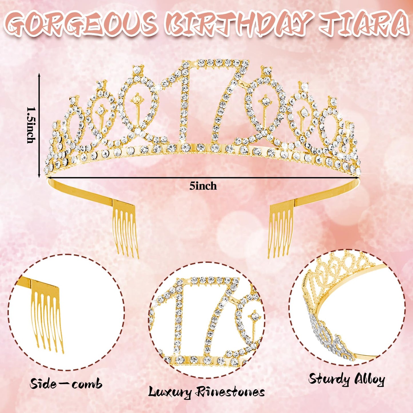 Crowye 17th Dancing Queen Gifts Dancing Queen 17 Cake Topper 17th Tiara Crown Sash Candles 17 Birthday Decorations for Party Accessories(Gold)