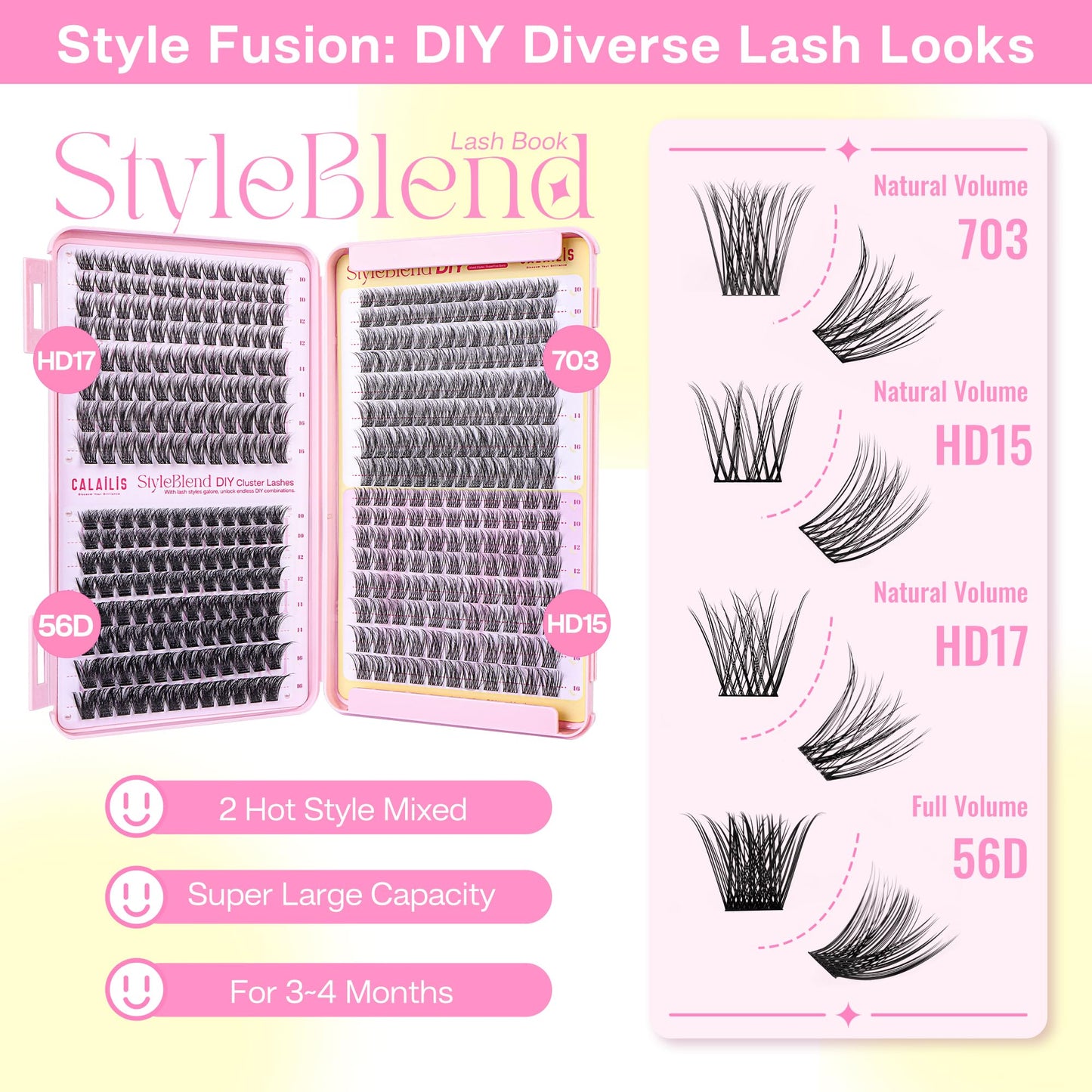 CALAILIS Lash Clusters Wispy 392Pcs D Curl Cluster Eyelash Extensions Multi-Type Mixed DIY Eyelash Clusters Soft and Reusable Ultra-Large Capacity Individual Cluster Lashes (HD17&HD15&56D&703)