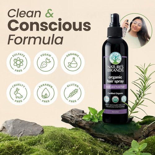 Nature's Brands Organic Hair Spray, 8 Oz - Biotin-Enriched Non Toxic Hairspray with Green Tea, Sage & Geranium Oil for Long-Lasting Hold, Shine, Frizz Control, and Volume Boost - Paraben-Free, Vegan