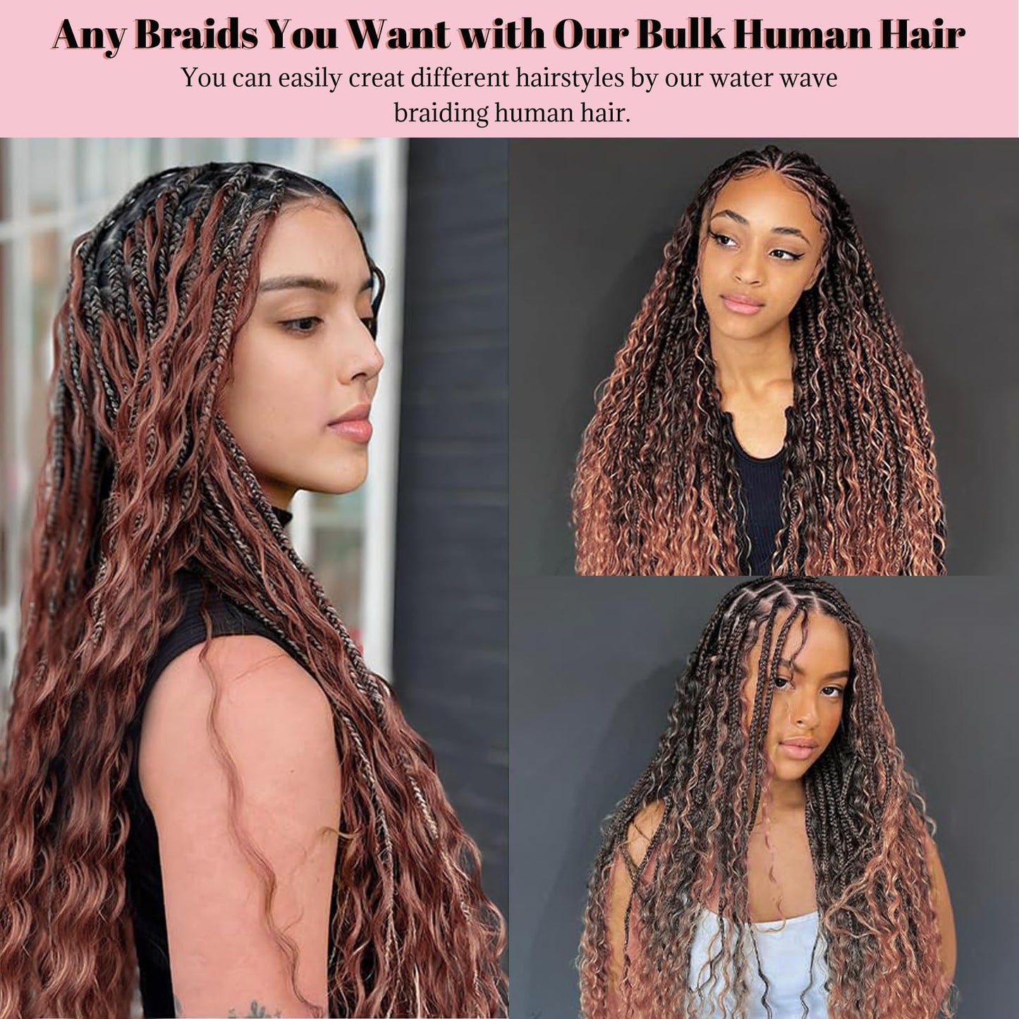 Ombre Brown Human Braiding Hair 20 Inch 100g Highlight 1b/30 Deep Water Wave 2 Bundles Bulk Human Hair for Braiding Curly Hair Extensions for Boho Braids Knotless Wet and Wavy Human Braiding Hair
