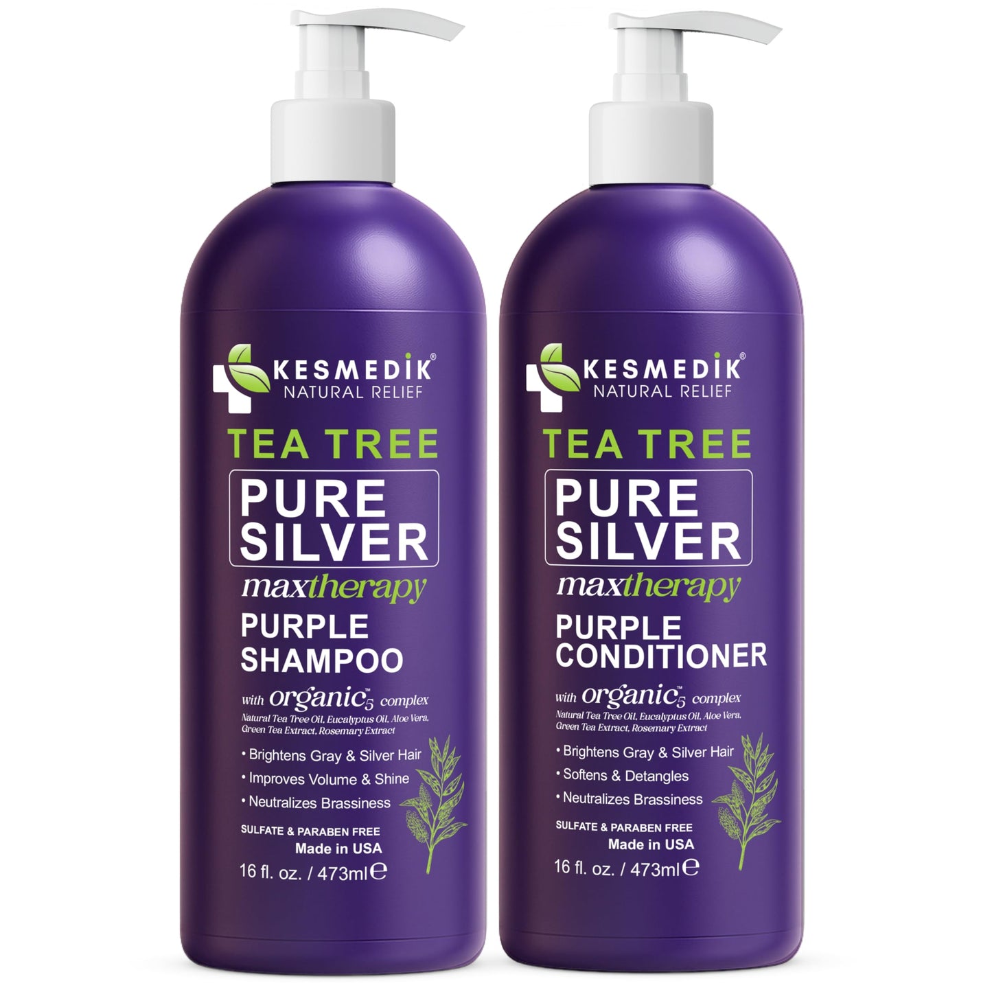 Tea Tree Purple Shampoo & Conditioner Set with Rosemary & Aloe, Professional Anti Brass Toner, Removes Yellow Tones for Gray, Bleached, White & Blonde Hair, Refreshes Scalp, Sulfate-Free