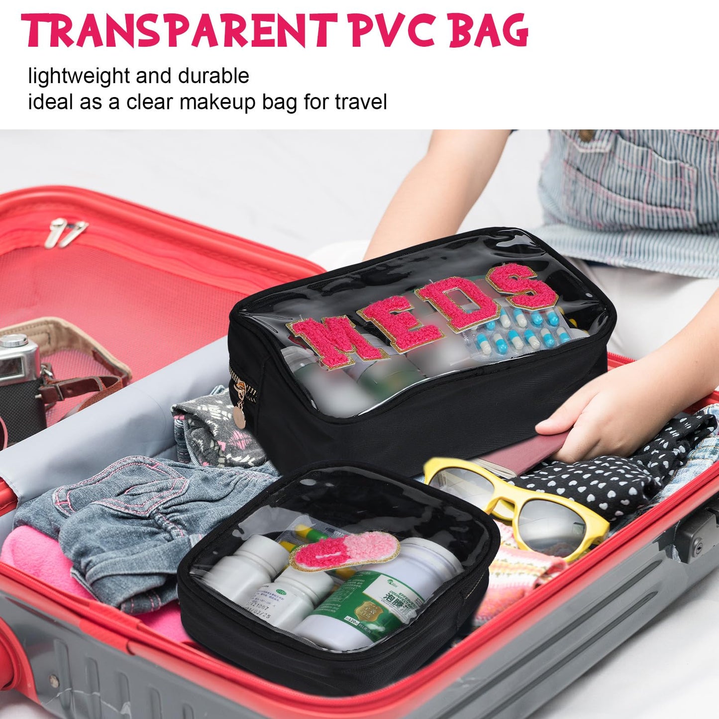 Hillban 2 Pcs Medicine Bag Gifts Chenille Letter Bag Preppy Clear Makeup Meds Nylon Pouch Set PVC Transparent Mini First Aid Christmas Gift for Travel(Basic)