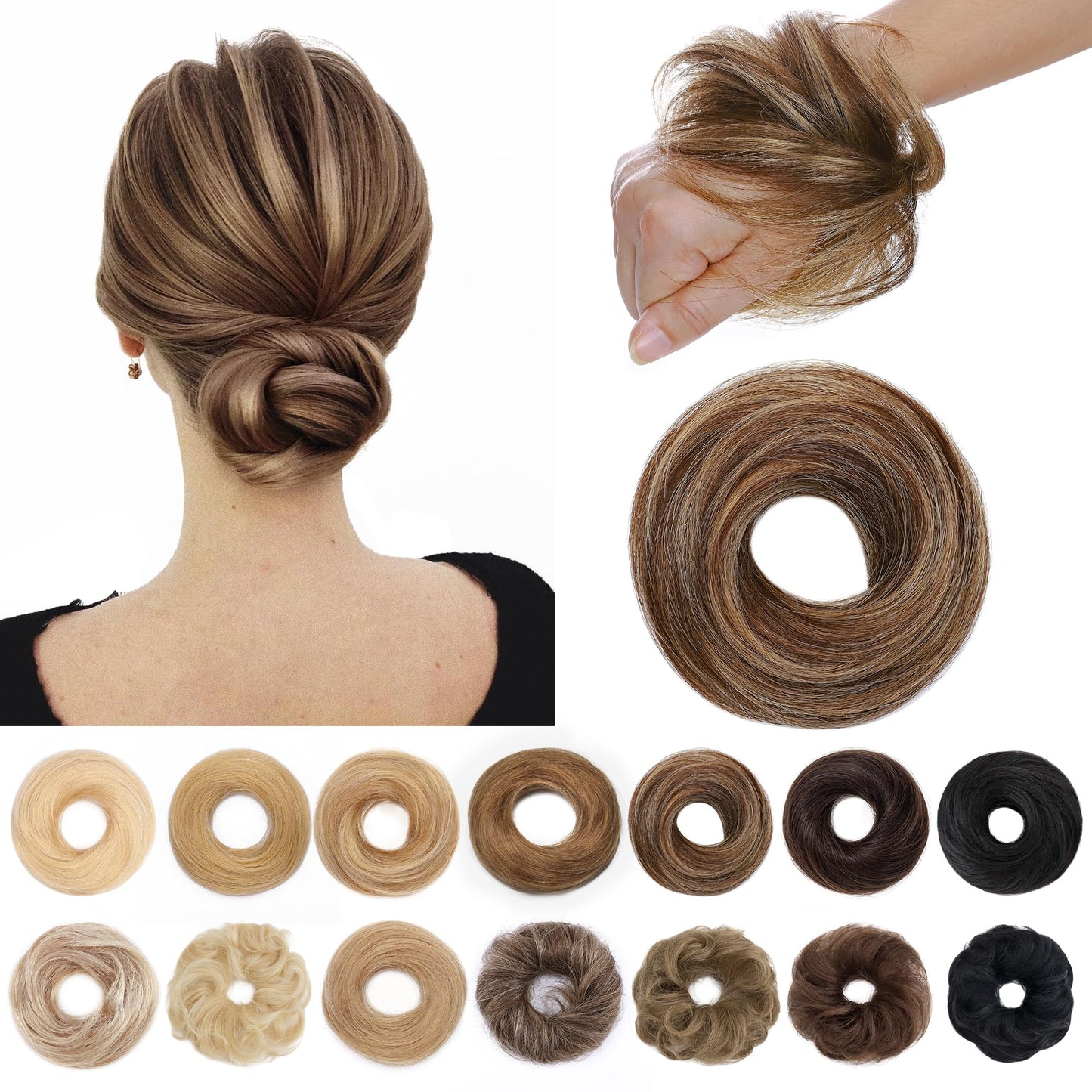 SEGO Human Hair Messy Bun Hair Piece Scrunchies Real Human Hair Natural Wavy Smoothed Updo Hairpieces Donut Chignon Ponytail Extensions for Women Girls-Medium Brown&Dark Blonde