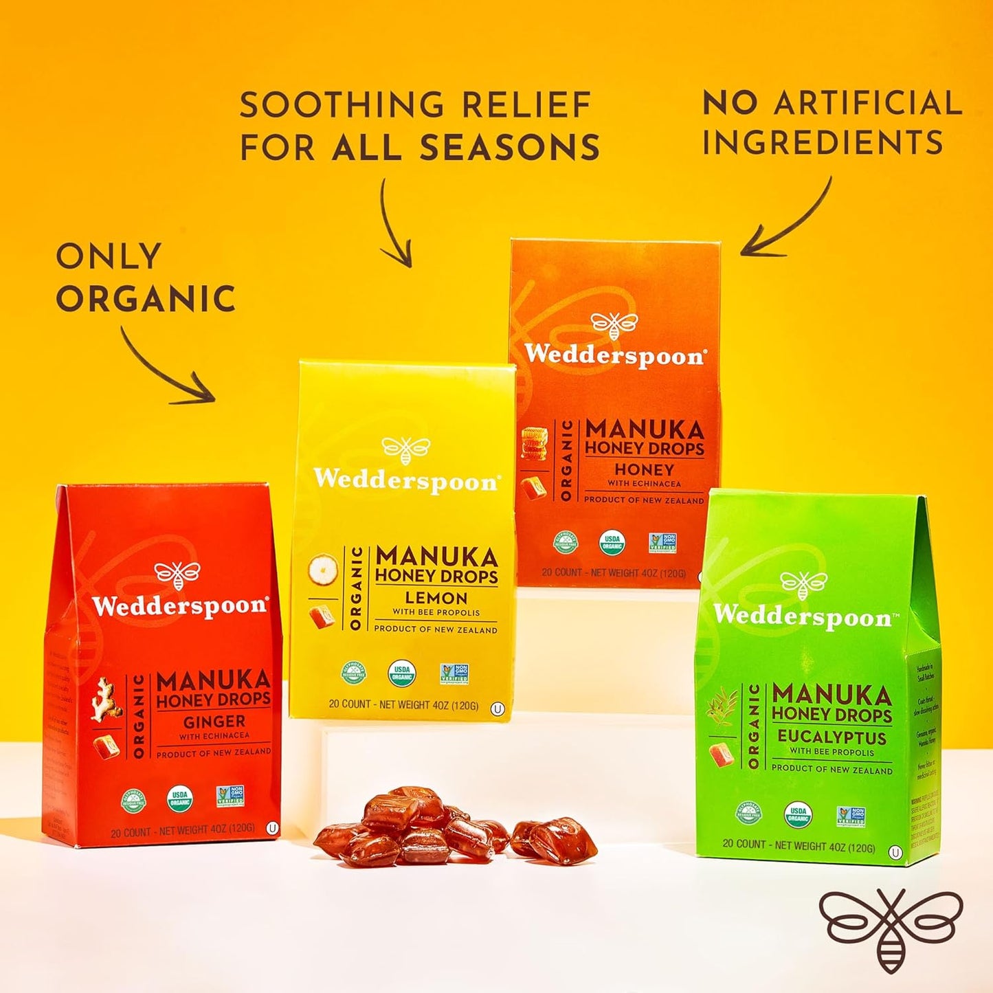 Wedderspoon Organic Manuka Honey Drops - Eucalyptus & Bee Propolis, 20 Count | USDA Organic Natural Remedy
