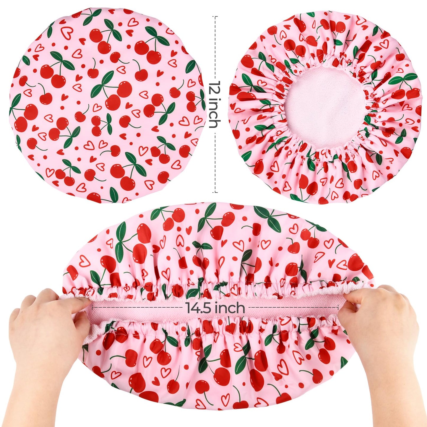 Shower Cap for Women Terry Lined Bath Cap Large Reusable Waterproof Elastic Band Pink Cherry Shower Caps for Long Thick Hair Soft Bath Shower Hair Caps