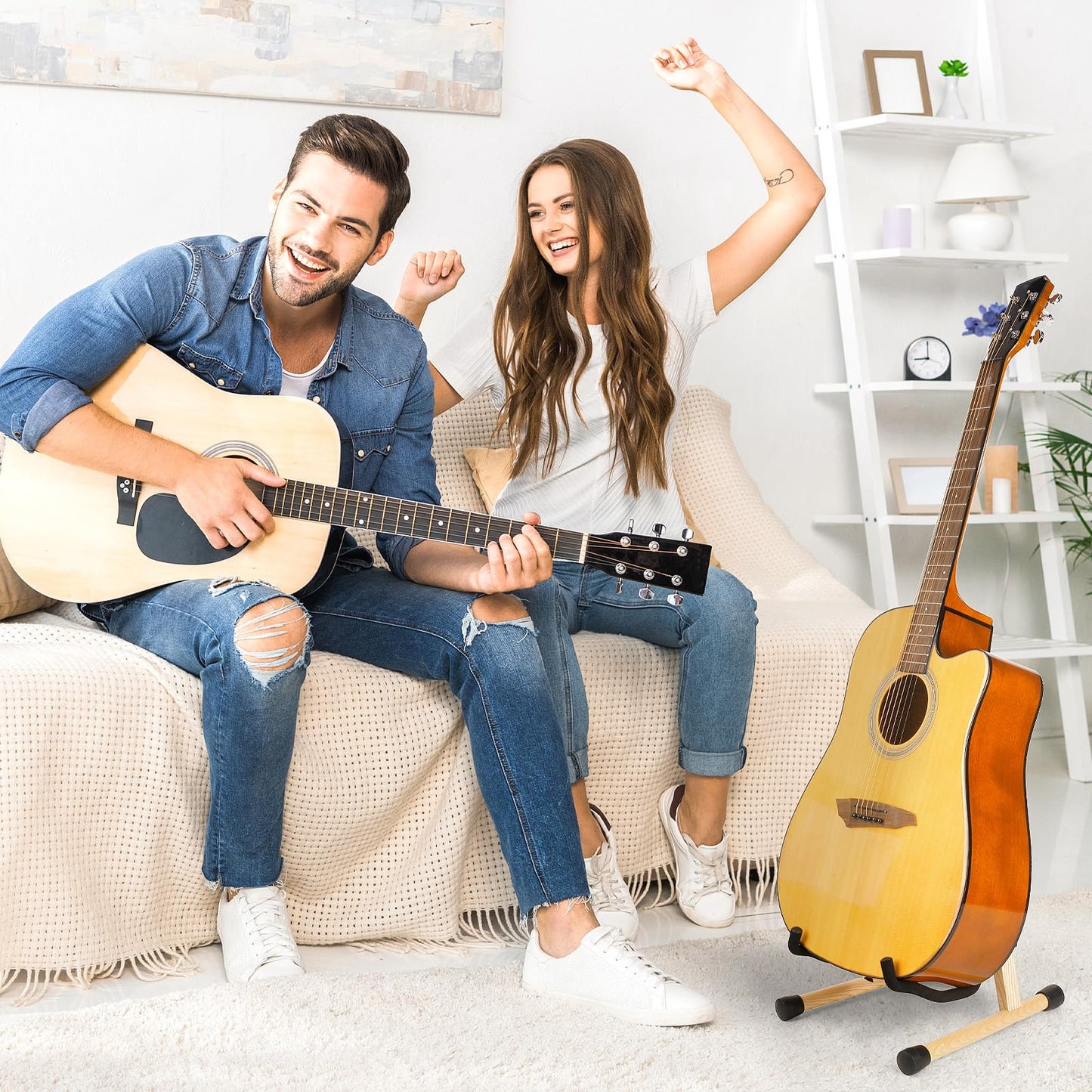 MUSO Guitar Stand,Acoustic Guitar Stand,Wood Classical Electric Guitar Stand,Foldable Bass Guitar Stand,Guitar Accessories also fit Bass,Violin,Ukulele(Acacia)