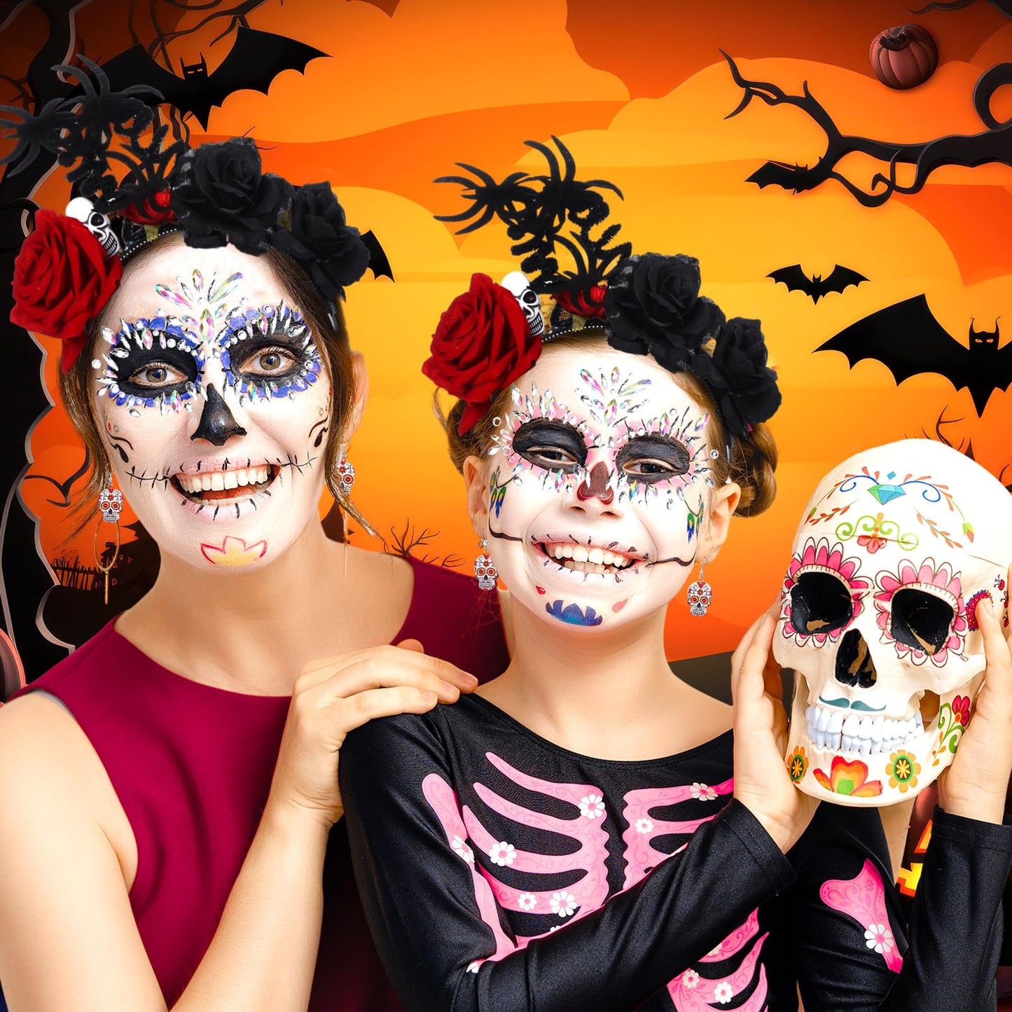 Riceshoot 3 Pcs Day of the Dead Costumes Accessories for Women Halloween Headbands Skull Earrings Gems(Spider Design)