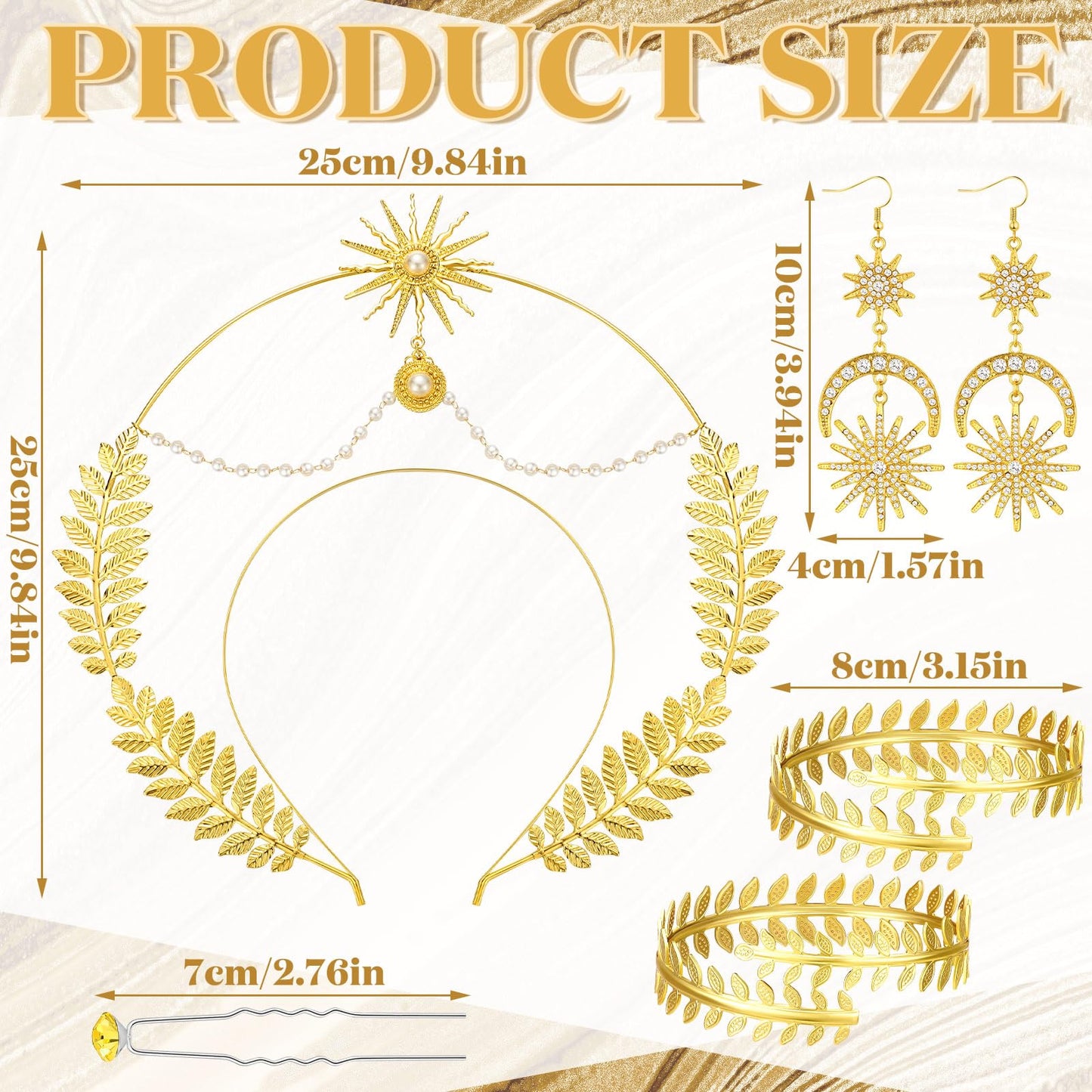 WILLBOND 15 Pieces Greek Goddess Costume Accessories Women Toga Golden Leaves Bridal Crown Headband Bracelet Pearl Earrings and Hair Pins(Boho Style)