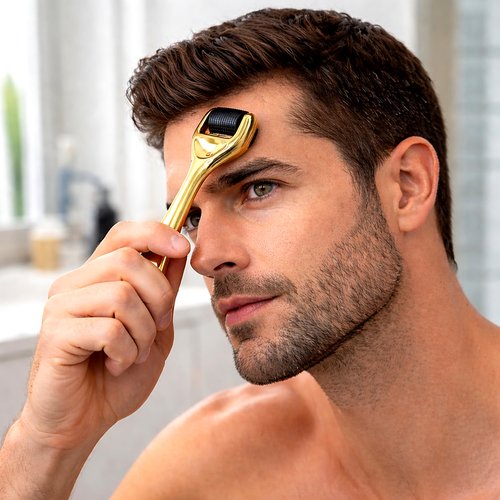 Elevate Derma Roller 0.25mm with 540 Titanium Microneedle Roller for Women & Men - Gold Roller for Face Skin Hair & Beard - Includes Storage Case
