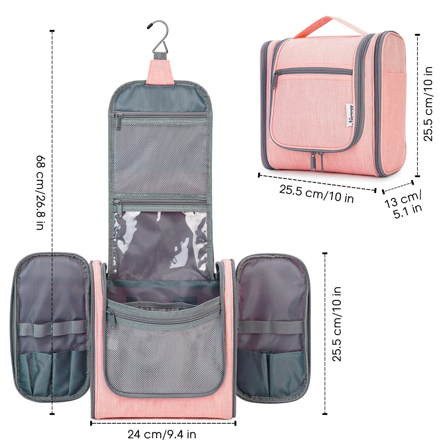 Narwey Hanging Toiletry Bag for Women Travel Makeup Bag Organizer Toiletries Bag for Cosmetics Essentials Accessories(Large, Pink)