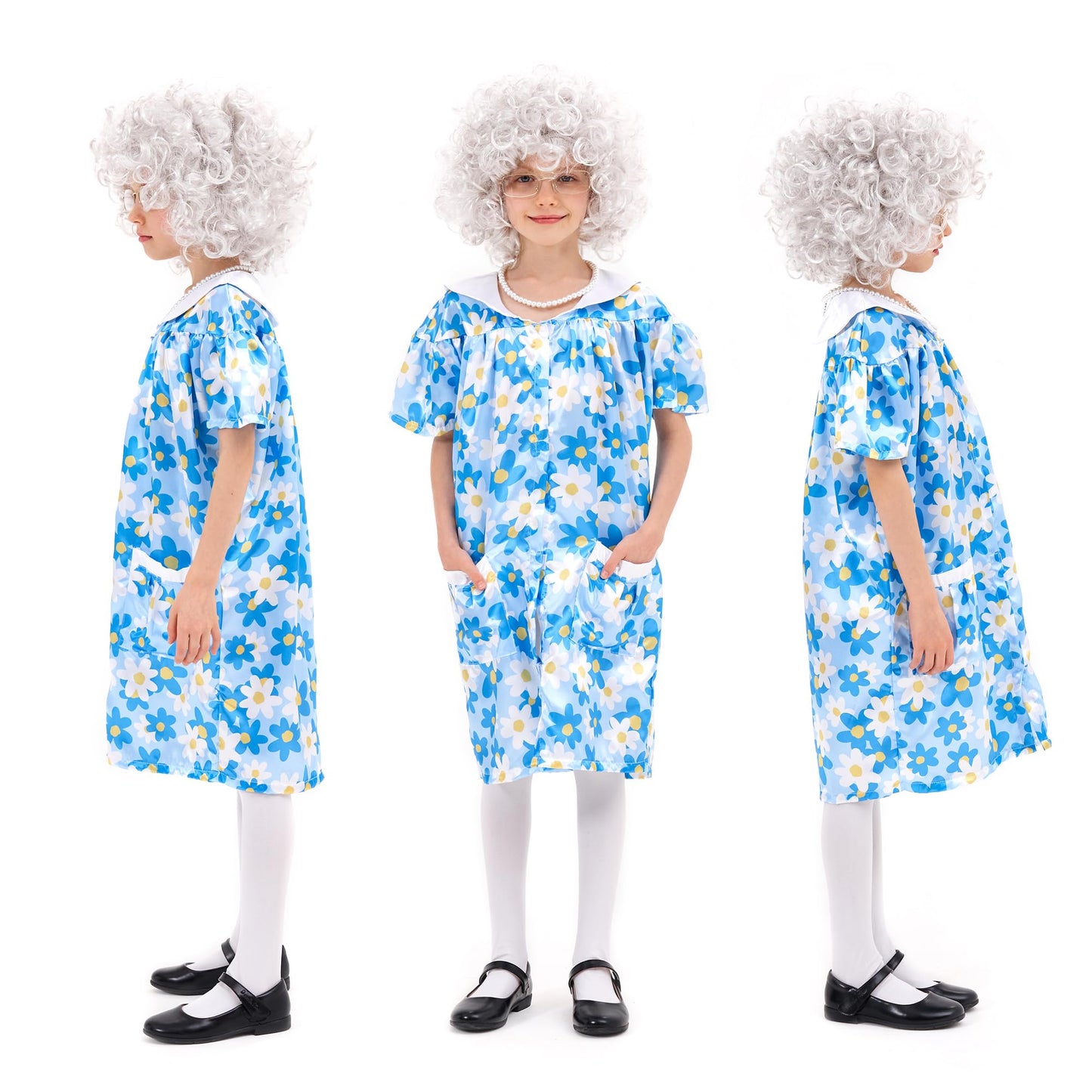 Joy Bang 100 Days of School Costume for Kids Girls, Old Lady Wig for Kids, Old Lady Costume, 100th Day of School Dress Up Cosplay, Pretend to be Grandma Costumes, XL