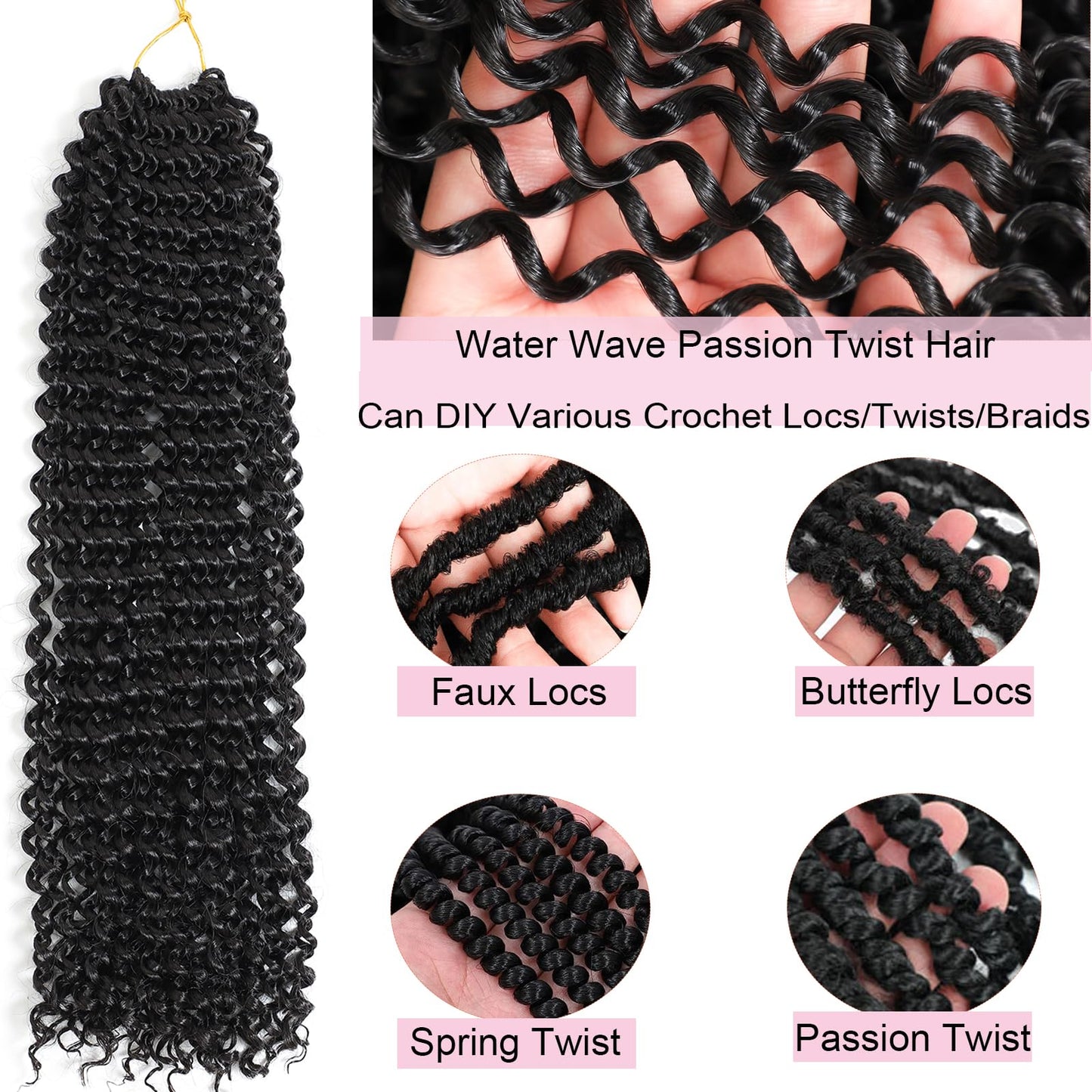 Passion Twist Hair 30 Inch 7 Packs Water Wave Crochet Hair Black Wrap Braiding Hair For Passion Twist Crochet Hair/Butterfly Locs/Spring Twist Crochet Braids Boho Hair Extension (30inch,7pc,1B#)