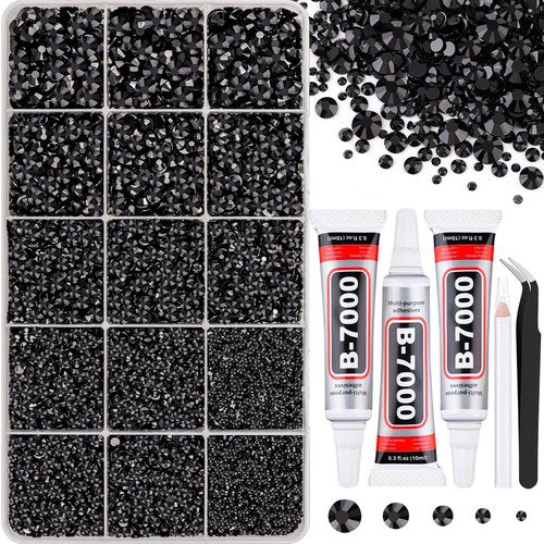 16000Pcs Resin Jelly Rhinestones for Crafting, Black Rhinestones Flatback Gems, Bedazzling Crystal with 3Pcs 10ml B7000 Jewelry Glue for DIY Crafts Clothing Tumblers Shoes Fabric Nail Art