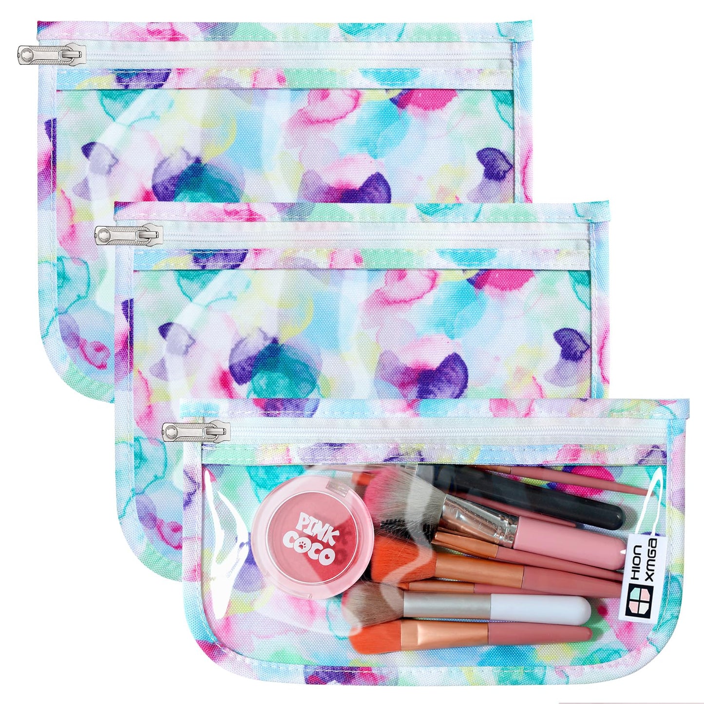 HIONXMGA TSA Approved Toiletry Bag, Set of 3 Clear Travel Toiletry Bag Quart Size Zipper Travel Pouch, Waterproof Makeup Cosmetic Bag for Women Men Kids Toiletries Carry on, Watercolor