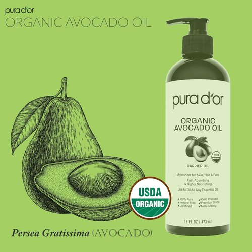 PURA D'OR Organic Avocado Oil - 100% Pure Cold Pressed Moisturizer for Face, Skin & Hair - 16 Oz