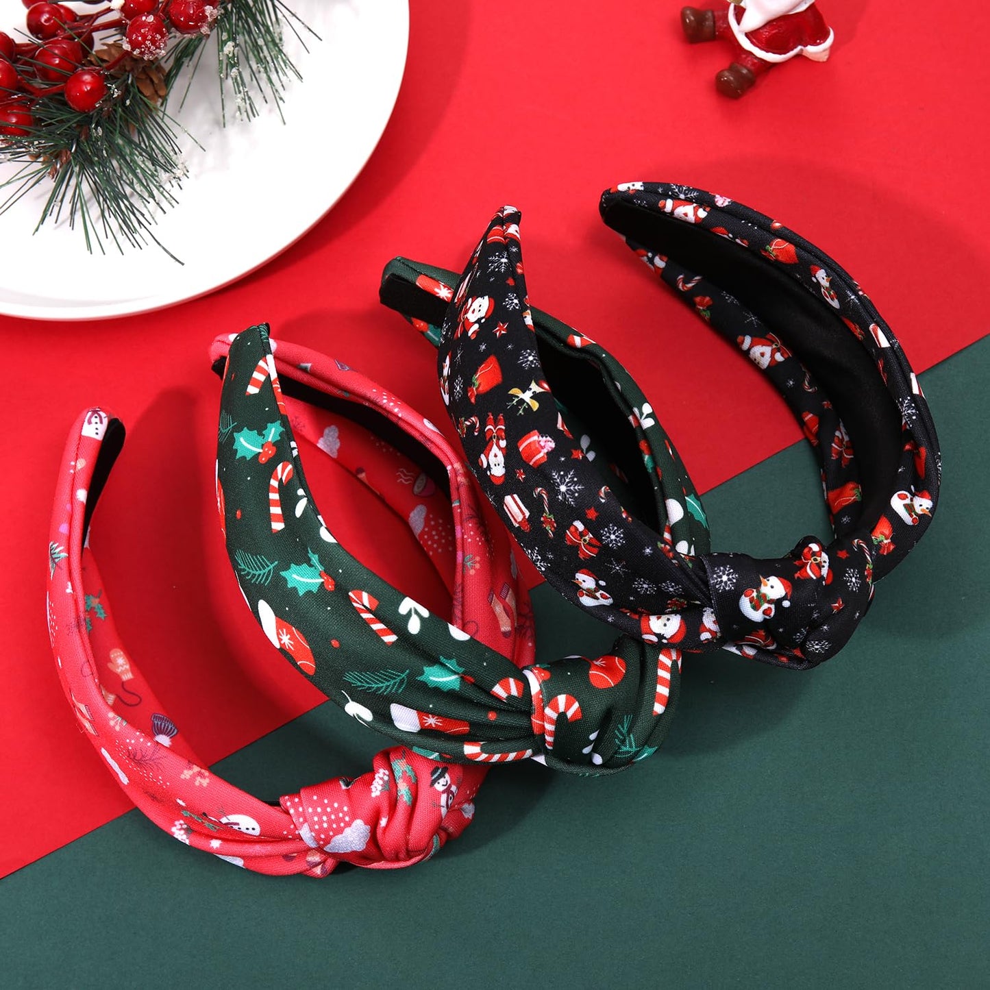 JERTOCLE Hairband - Red Black Green Christmas Knotted Headband for Women with Xmas Tree, Snowflake, Ho Ho Ho, Snowman Patterns - Holiday Party Decorations