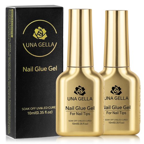UNA GELLA 6 in 1 Gel Nail Glue for Acrylic Nails Tips 2 Pcs 10ml Super Strong Nail Glue Long Lasting Brush On Nail G el Glue Curing Needed U V for Base Coat, Soft Gel Nail Tips, Clear Press on Nails
