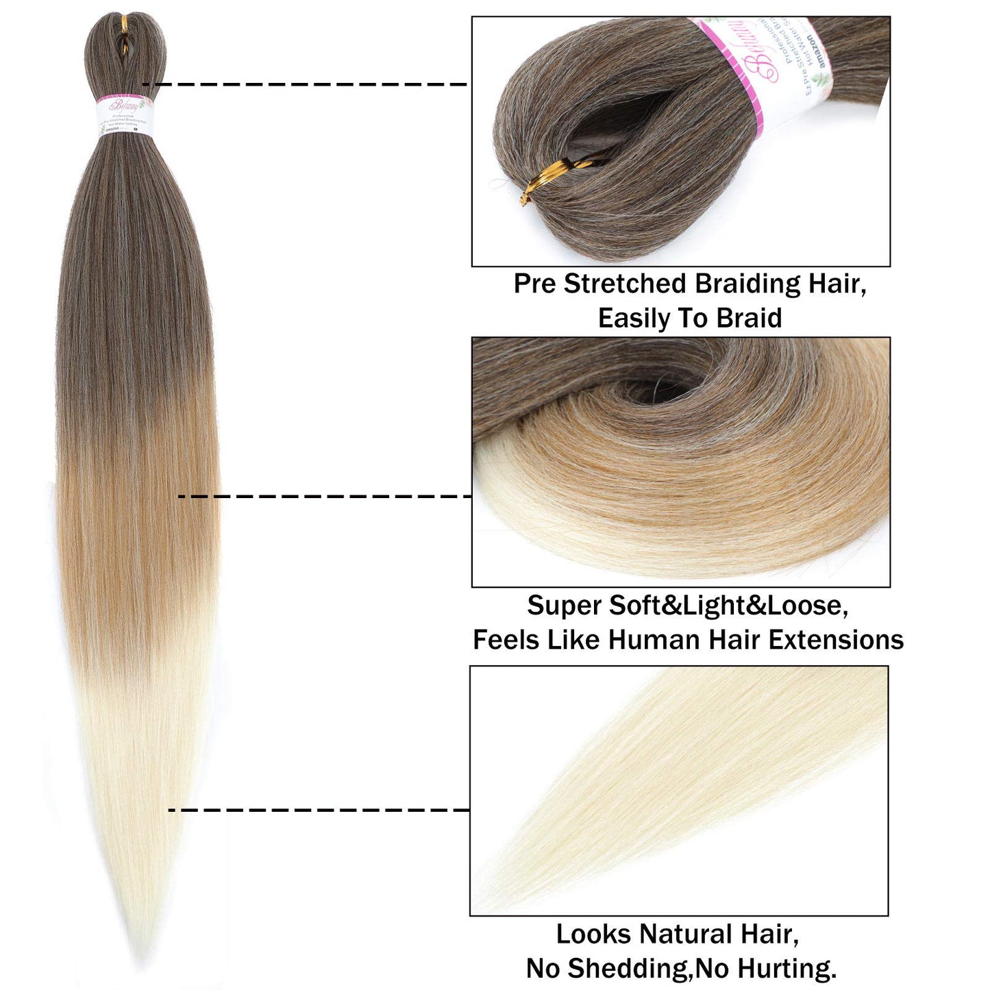 BEFUNNY Pre stretched Braiding Hair 30 Inch 8 Packs Prestretched Braiding Hair Bundles Long Brown/Blonde/White Three Tone Synthetic Crochet Hair For Women, Yaki Straight, Itch Free(30",T4/27/613)