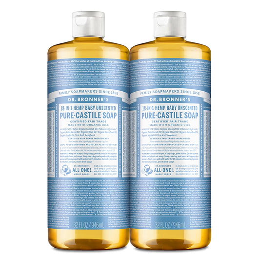 Dr. Bronner's - Pure-Castile Liquid Soap (Baby Unscented, 32 ounce, 2-Pack) - Made with Organic Oils, 18-in-1 Uses: Face, Hair, Laundry and Dishes, For Sensitive Skin and Babies, No Added Fragrance