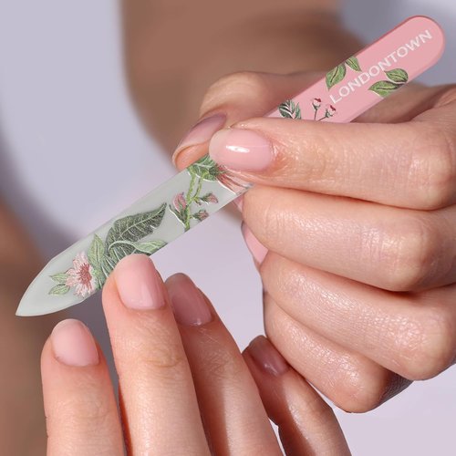 LONDONTOWN Double-Sided Glass Nail File - Professional Etched Crystal Manicure Tool with Case Pouch