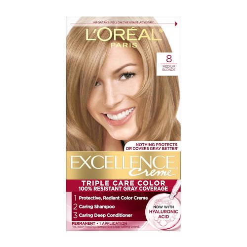 L'Oreal Paris Excellence Crème Hair Dye - Triple Care Formula for 100% Gray Coverage | 8 Medium Blonde
