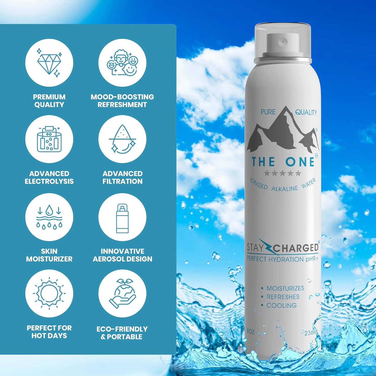THE ONE Ionized Alkaline Water - Pure Hydration Mist | Refreshing Alkaline pH for Face & Body