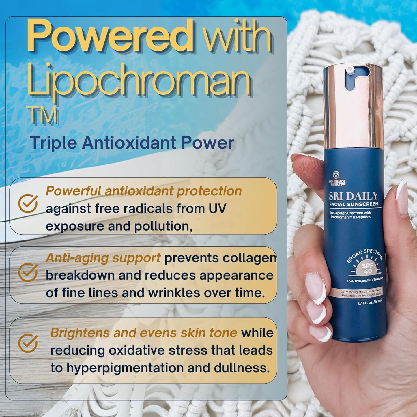 SRILabs Daily Facial Sunscreen - SPF 40 Anti-Aging Formula with Lipochroman & Peptides - 1.7 OZ