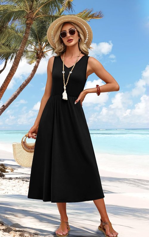OFEEFAN Summer Dresses - Flowy Casual Midi Dress with V Neck & Pockets for Beach Vacations