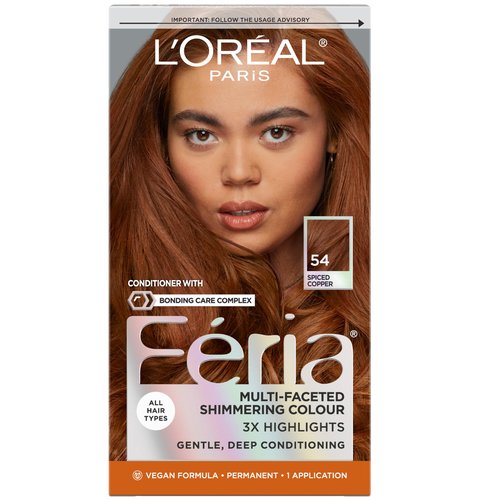 L'Oreal Paris Feria Multi-Faceted Shimmering Permanent Hair Color, High Intensity Hair Dye for 3X Highlights, 54 Spiced Copper, 1 Kit