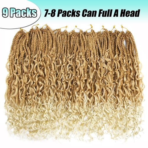 9 Pack Boho Box Braids Crochet Hair - 18 Inch Pre-looped Goddess Box Braids Crochet Hair Bohemian Crochet Boho Crochet Braids With Curly Ends Synthetic Crochet Hair For Women（18 Inch,27/613)