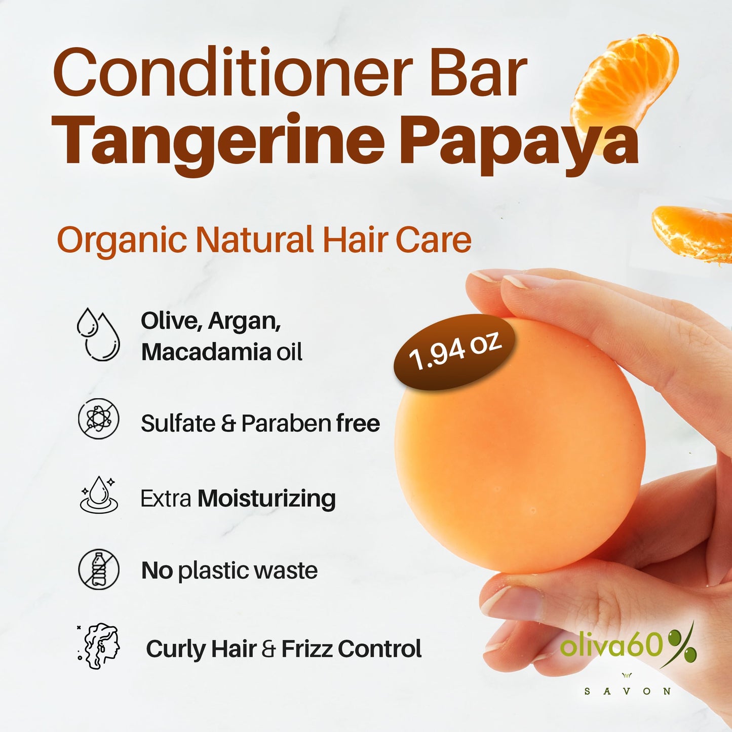 Conditioner Bar for Curly Hair | Tangerine Papaya | Extra Moisturizing | Hair Care - Frizz Control | Olive, Argan, Macadamia Oil, Shea Butter, Aloe Vera | Sulfate & Paraben Free | 1.94 oz | OLIVA 60