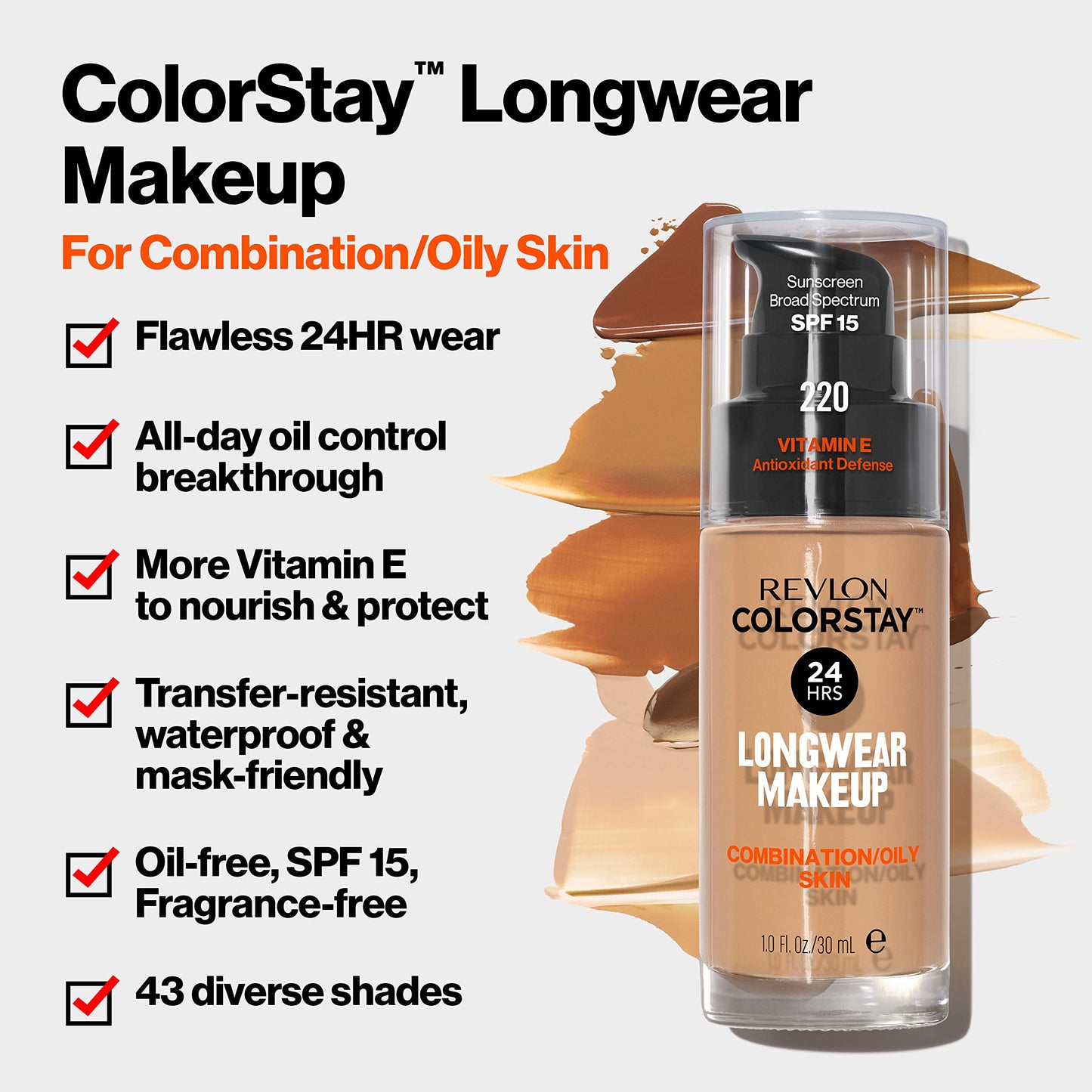 Revlon Liquid Foundation, ColorStay Face Makeup for Combination & Oily Skin, SPF 15, Medium-Full Coverage with Matte Finish, Sun Beige (392), 1.0 oz