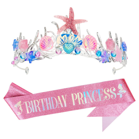 GAFATORY Pink Mermaid Crown and Sash for Women Birthday Crown and Sash for Birthday Princess Mermaid Adult Crown Ocean Theme Mermaid Birthday Decoration Birthday Gift Seashell Fishtail Crown Halloween