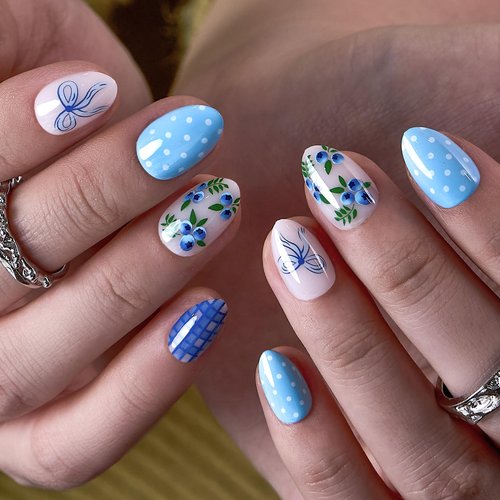 CurvLife Soft Gel Alomond Press On Nails, Long-Lasting Reusable Fake Nails Kit with Glue & Tabs, 30pcs Salon-Quality Stick On Nails for Women At-Home Manicure (Blue Garden)
