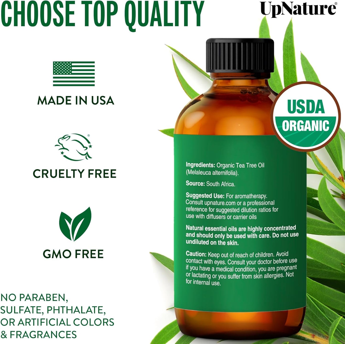 UpNature Tea Tree Oil - 100% Pure USDA Organic Essential Oil for Skin, Hair & Scalp (2oz)