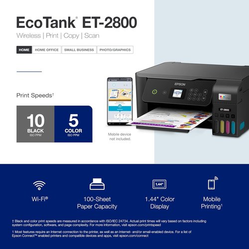 Epson EcoTank ET-2800 Wireless Color All-in-One Printer - Cartridge-Free, Scan & Copy - Black