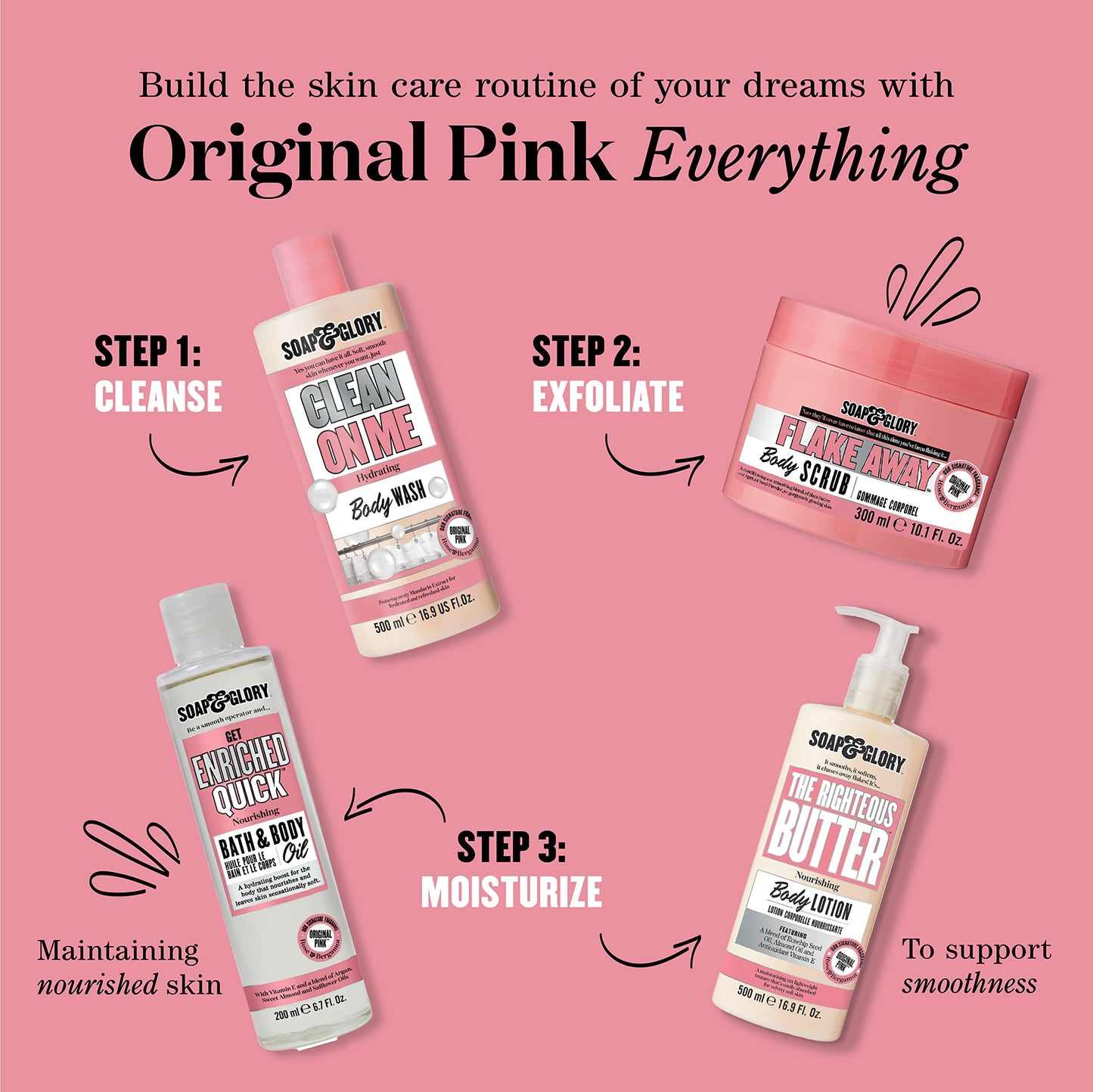 Soap & Glory Original Pink The Righteous Butter Moisturizing Body Lotion Pump - Shea Butter, Vitamin E & Aloe Vera Vegan Body Moisturizer - Rose & Bergamot Scented Lotion (500ml)