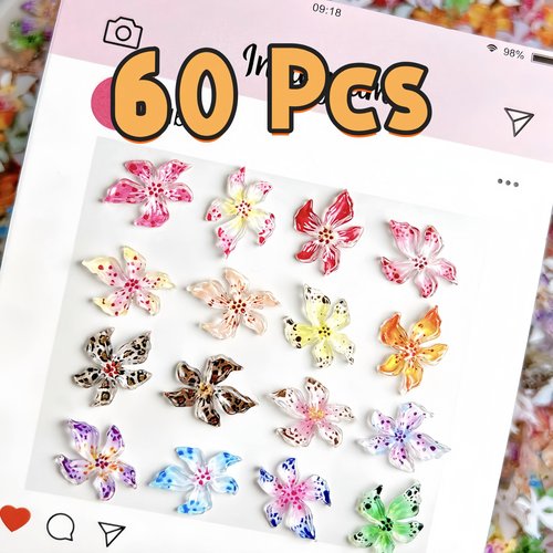 SHUXILIN 60PCS Flower Nail Art Charms 3D Hawaii Flowers Nail Rhinestones Hibiscus Floral Nail Gems Colorful Flower Nail Diamonds Summer Nail Jewelry Tiny Flowers Nail Design for Women Nail Supplies