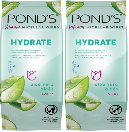 Pond's Vitamin Micellar Wipes - Hydrating Aloe Vera Formula for Dry Skin | 25 Wipes (Pack of 2)